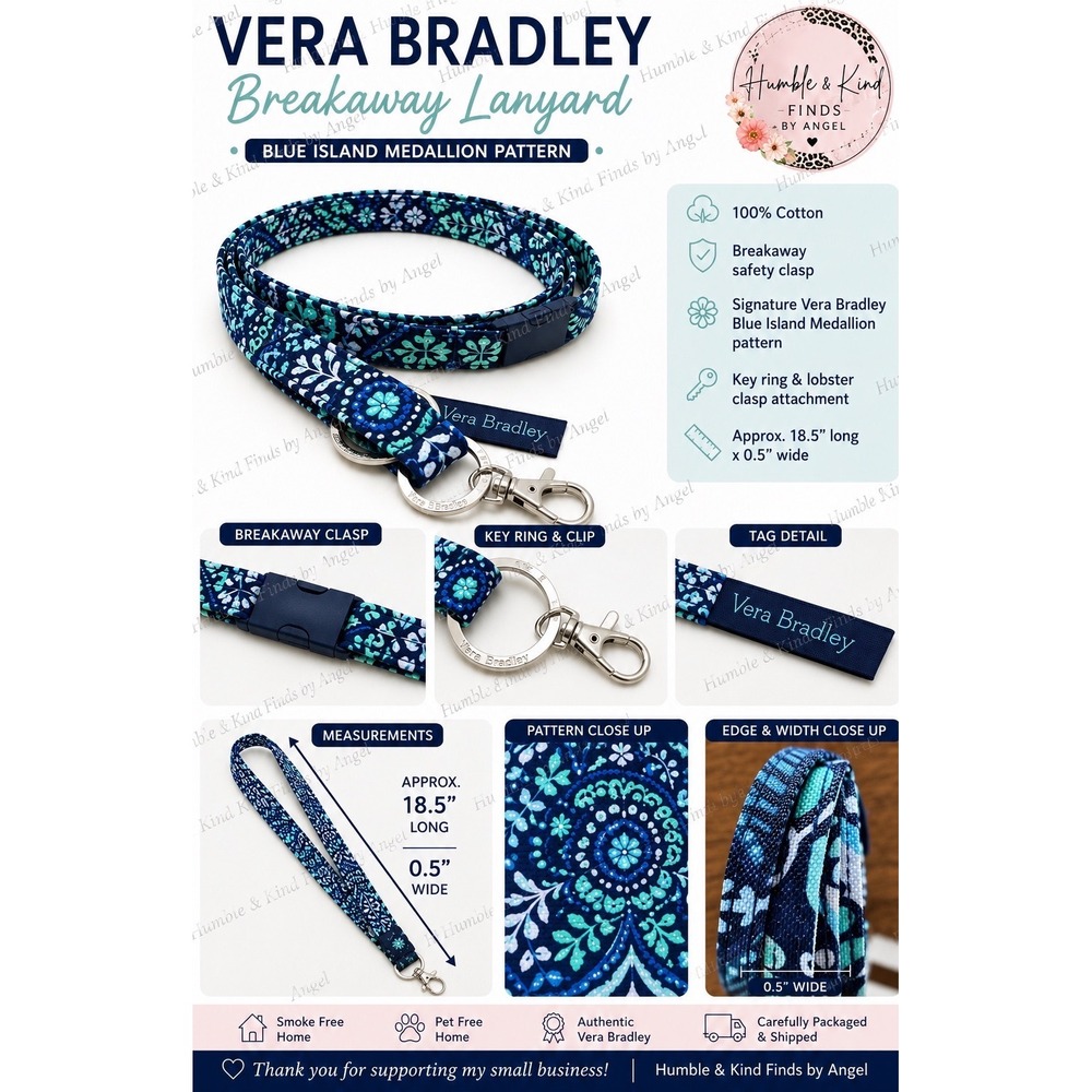 Vera Bradley Lighten Up Lanyard Blue Island Medallion NWT Teal Navy Floral gift